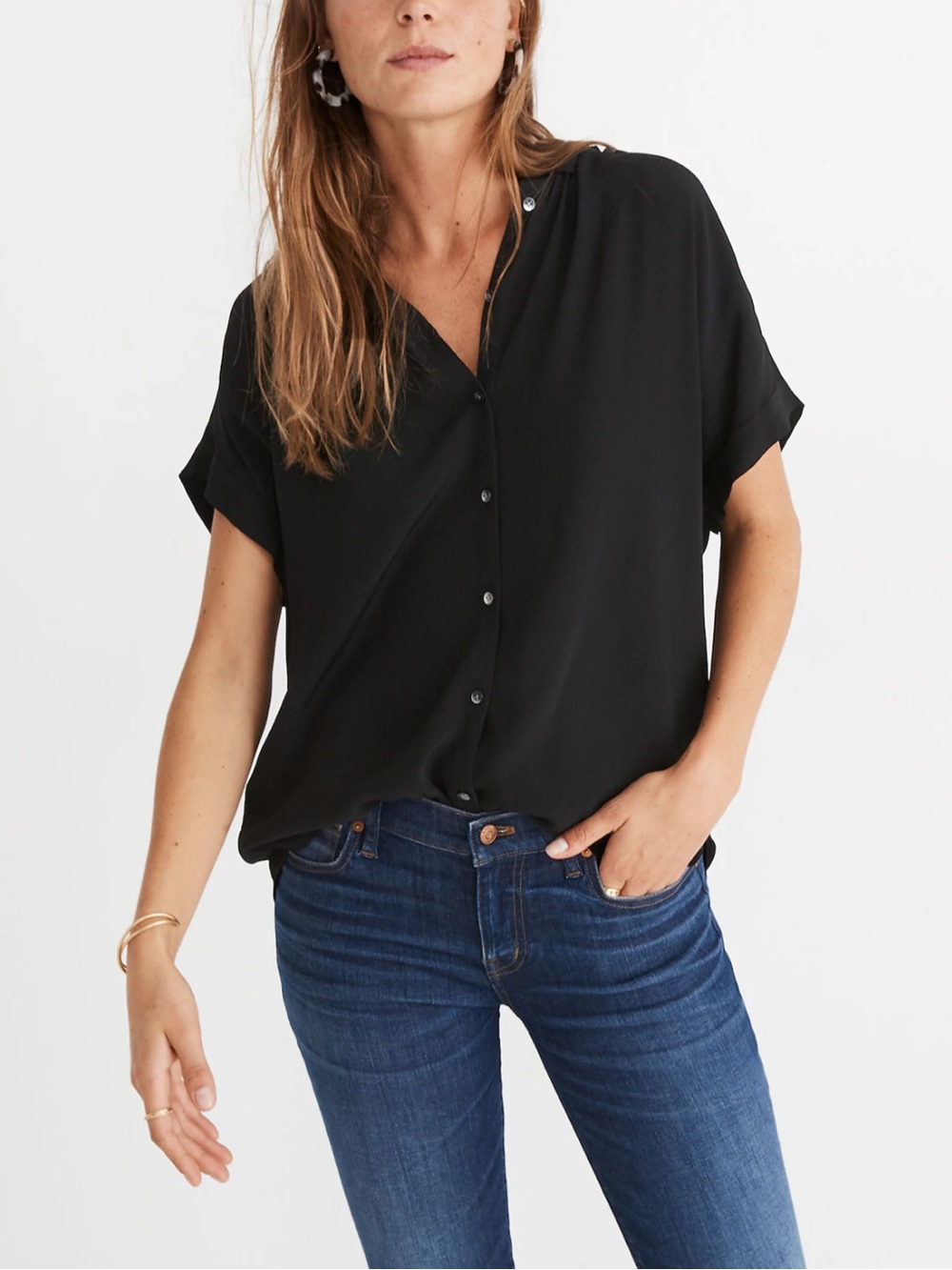 Madewell Oversized Slouchy Central Drapey Shirt in Black, XXS